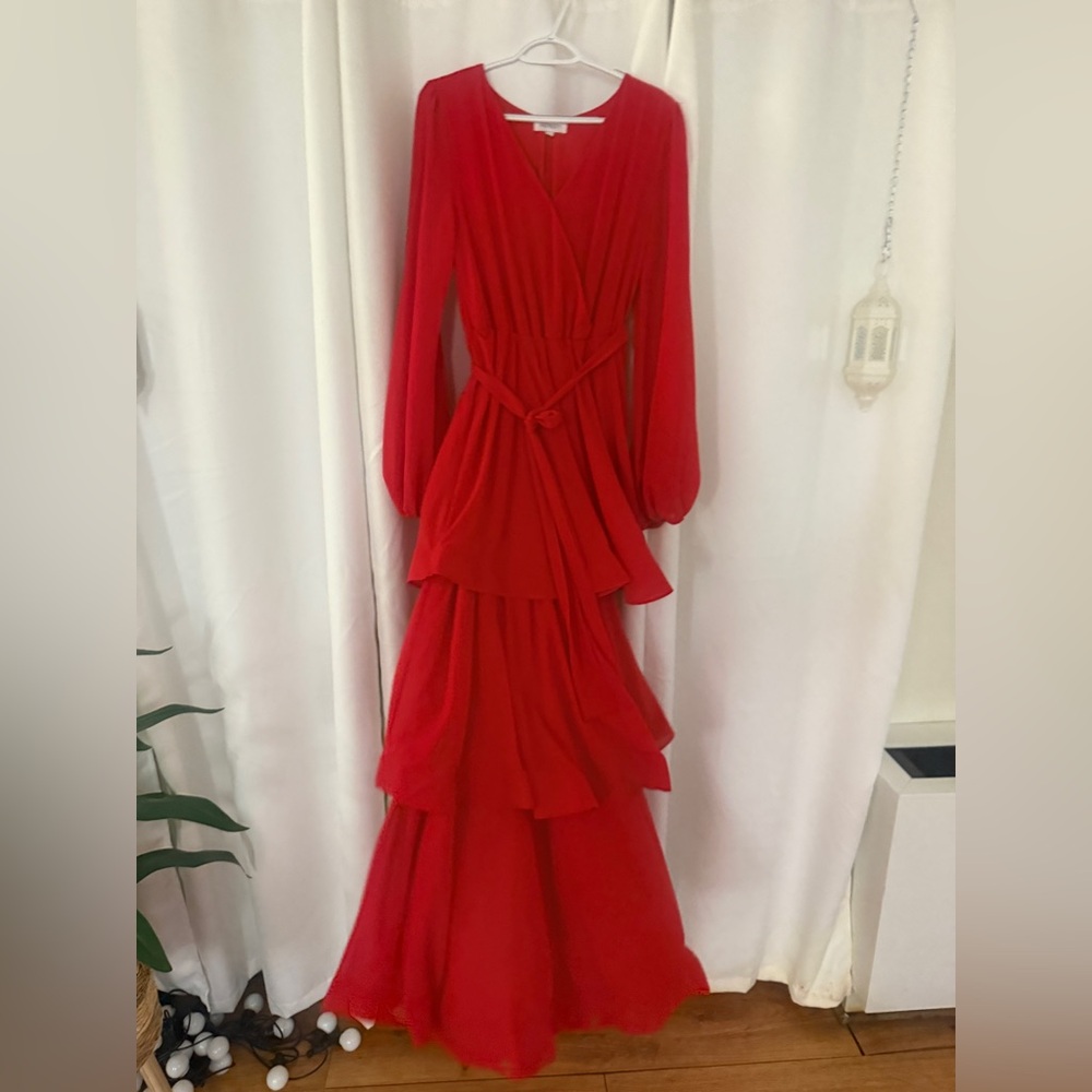 Elegant Red Long Sleeve Ruffle Maxi Dress - Picture 13 of 13